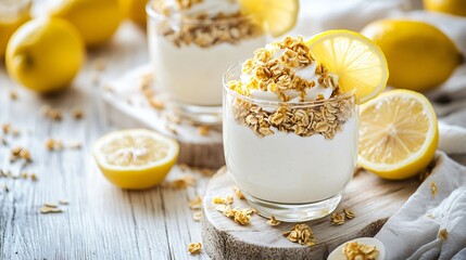 Wall Mural - Lemon yogurt parfait with fresh lemon wedges, isolated on a light wooden background