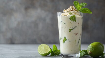 Wall Mural - Lime-flavored yogurt parfait in a tall glass, garnished with mint leaves, isolated on a neutral gray surface