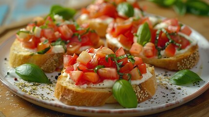 Wall Mural - Delicious Bruschetta with Fresh Tomato and Basil