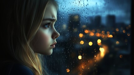 Canvas Print - A young girl gazes thoughtfully out of a window at a rainy cityscape illuminated by city lights at dusk