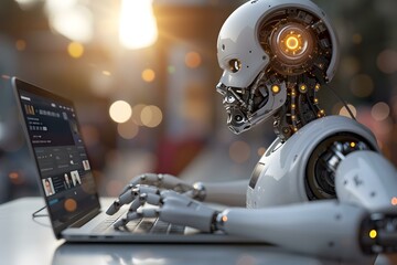 Wall Mural - humanoid robot in video conference call. remote learning lecture videoconference, robot, online, ai,