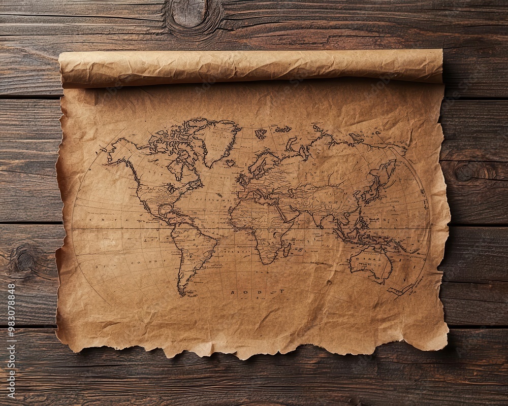 Antique map with deep fold lines, dark stains, and worn edges, old ...
