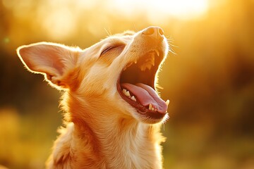 Wall Mural - Brown dog opening mouth and enjoying sunset