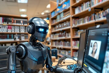 Wall Mural - humanoid robot using headphone while video conferencing on computer