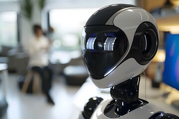 Wall Mural - humanoid robot video conference call. remote webinar meeting, robot, online, ai, artificial, confere