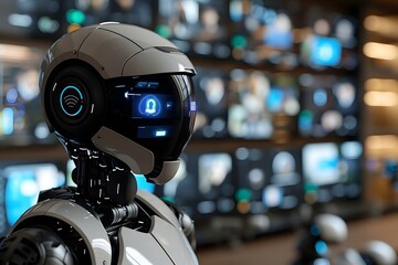 Wall Mural - humanoid robot in online video conference call. remote webinar meeting.
