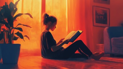 Wall Mural - A young woman reading a book on the floor in soft morning light with warm colors and a potted plant nearby