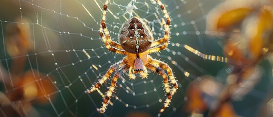 Spider in Web with Dew Drops at Sunrise