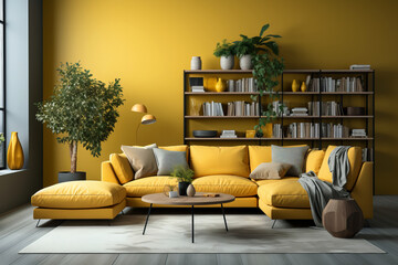 Wall Mural - Modern living room with a vibrant yellow sectional sofa, neutral accents, lush indoor plants, and an organized bookshelf.