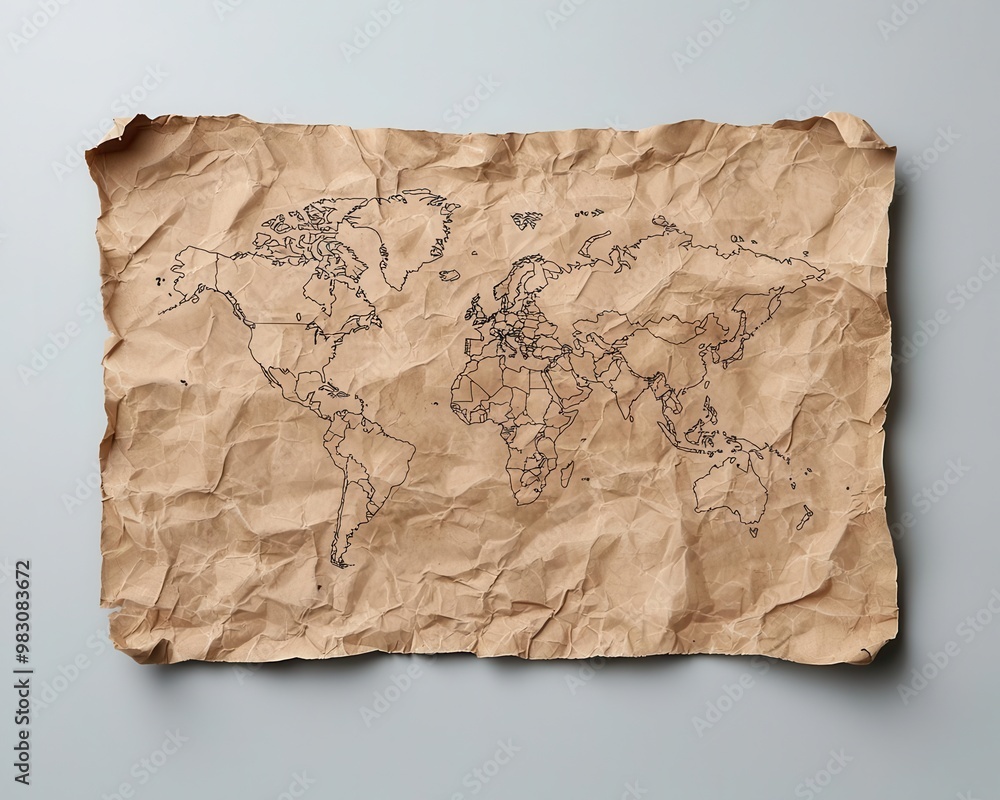 Vintage map with deep fold lines and aged patina, edges curled and ...