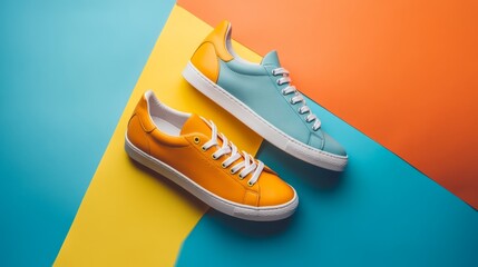 Casual fashion trendy shoes into balanced composition of two lifestyle sneaker on a color paper background. New pair sneakers with copy space. Pair of sport footwear. 