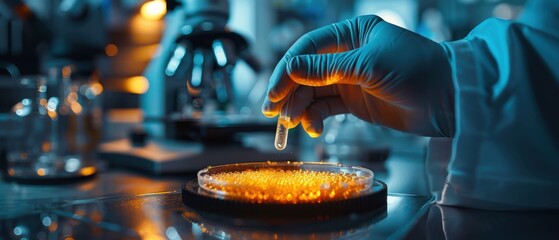 Wall Mural - Researcher holds petri dish with samples, wearing blue gloves, conducting scientific experiment in laboratory. Free copy space for text.