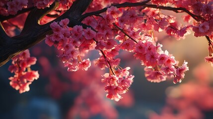 Wall Mural - Cherry blossoms bloom beautifully at sunset, creating a serene landscape in a tranquil garden setting