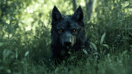 Poster - Black Wolf in the Forest: A Striking Portrait of a Wild Predator