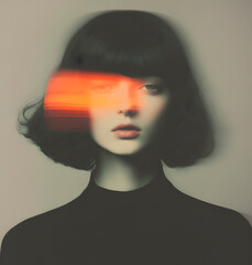 Monochrome portrait of a woman with an orange stripe on her face and glare in the photo.