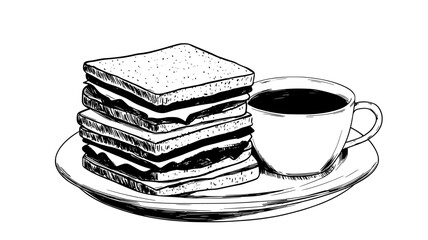 Wall Mural - Several club sandwiches stacked on a round white plate beside a cup of coffee, food vector illustration