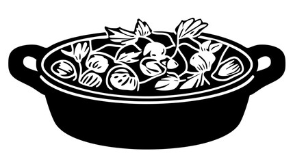 Whole casserole dish filled with baked ingredients, ready to serve, food illustration vector