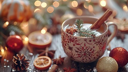 Canvas Print - Cozy Winter Drink with Festive Decorations