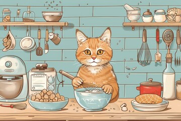 A cute orange cat is baking in the kitchen, stirring a bowl of batter with a wooden spoon.