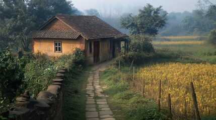 Sticker - Rustic Farmhouse Path in Foggy Countryside