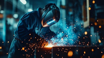 Industrial Welder Skillfully Working Amidst Sparks at Manufacturing Plant, Generative AI