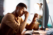© peopleimages.com - Man, stress and night on computer with glitch, error or software malfunction as employee. Male person, tech and working late with fatigue, project deadline and system update in office as web designer