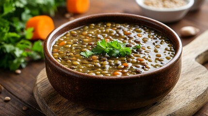 Wall Mural - Hearty lentil soup in a rustic bowl, with a sprinkle of fresh parsley, isolated on a wooden cutting board background