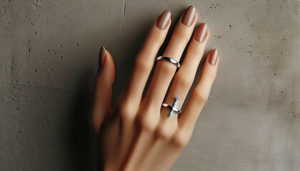 A close-up of a hand with painted nails and two rings, one with a clear stone, against a concrete background.

