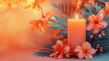 Burning candle with exotic flowers and tropical leaf on red background. Yoga and spa aromatherapy concept. Day of the Dead celebration. Wellness and zen. Banner with copy space