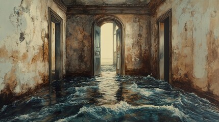 Wall Mural - Flooded Room with Open Doorway: A Glimpse into the Past