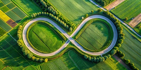 Aerial View of a Winding Road Forming an Infinity Symbol in Green Fields, drone photography, nature , infinity symbol