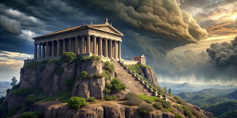 Ancient Temple on Mountaintop with Dramatic Storm Clouds, digital painting, temple, storm, mountain, greek architecture, mythology