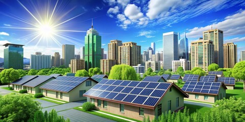 Bird's Eye View of a Sustainable Cityscape Solar-Paneled Homes Amidst Greenery and a Skyline of Skyscrapers, Featuring a Shimmering Green Glass Building Under Clear Blue Skies