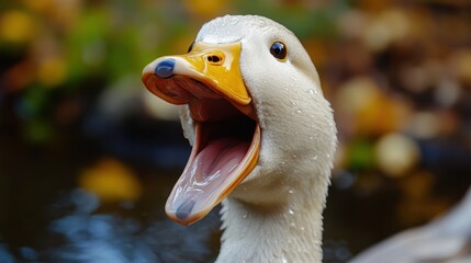 A duck stretches its neck and opens its beak wide as it quacks loudly, creating a lively atmosphere near a tranquil pond adorned with colorful leaves