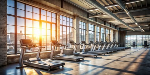 Wall Mural - Modern Gym with Large Windows Showcasing Cityscape Sleek Treadmills Against Industrial Brick Walls, Cool Palette with Warm Accents, Dramatic Light and Shadows Create Urban