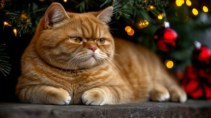 A relaxed cat resting beneath a beautifully decorated Christmas tree during the holidays