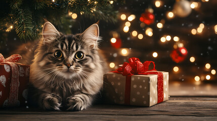 American Bobtail cat relaxing by the Christmas tree surrounded by festive decorations and gifts