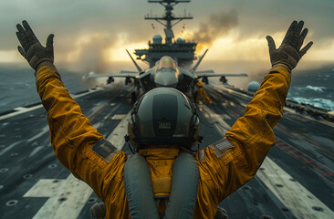 Navy pilot gets aircraft at sunset. A crew member signals for an aircraft landing on the flight deck at sunset, showcasing teamwork and precision in military operations.