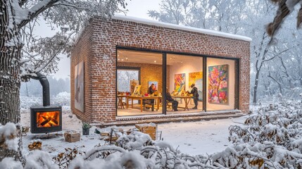 A brick art studio surrounded by a snowy landscape, its large windows letting in natural light, where inside, artists work on large, colorful canvases, the room warmed by a crackling wood stove