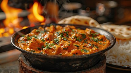 Canvas Print - Steaming Indian Curry with Rice and Naan