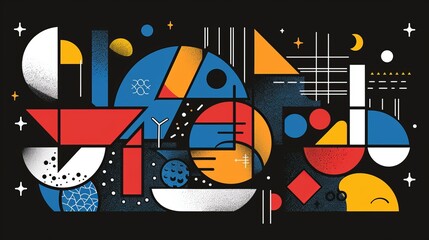 Abstract geometric design with vibrant colors and shapes against a dark background.  vector