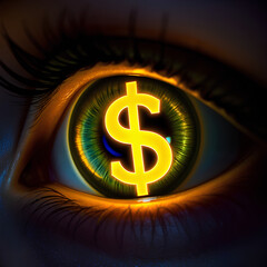 An eye with a glowing dollar symbol in the iris, symbolizing focus on money or financial vision.