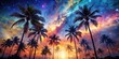 © Spot Decor - Symmetrical Low-Angle View of Silhouetted Palm Trees Framing a Vibrant Sunrise in a Starry Sky, Blending Warm Colors and Creating a Tranquil Tropical Paradise Atmosphere