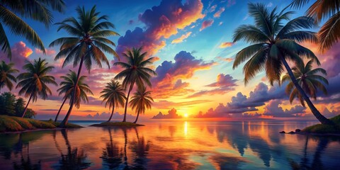 Tranquil Tropical Sunset Silhouetted Palm Trees against a Vibrant Sky of Orange, Pink, and Purple, Reflecting in Calm Waters, Creating an Idyllic Scene of Serenity and Escape