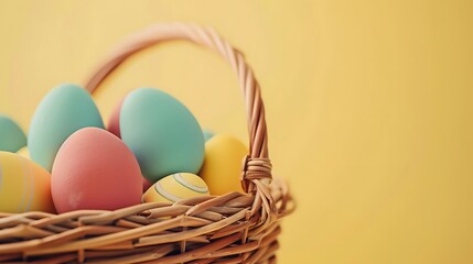 A close-up of a wicker basket filled with colorful eggs on a pale yellow background