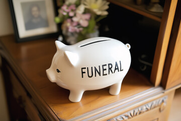 Simple piggybank with word Funeral on side. Saving for expenses for burial or cremation concept. Generative AI