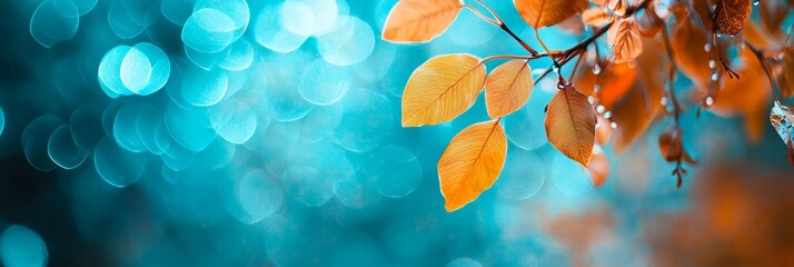  A tree branch sporting yellow leaves against a backdrop of soft, blue bokeh