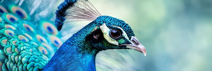  A peacock in focus, displaying blue and green feather patterns on its back Background softly blurred