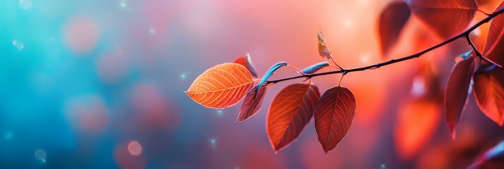 Wall Mural -  A clear branch with leaves against a softly blurred backdrop of blue, red, orange, and pink hues