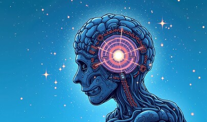 A captivating illustration of a humanoid figure with a brain glowing in cosmic colors, representing the merging of technology and human intelligence. Ideal for tech, science, and creative projects.